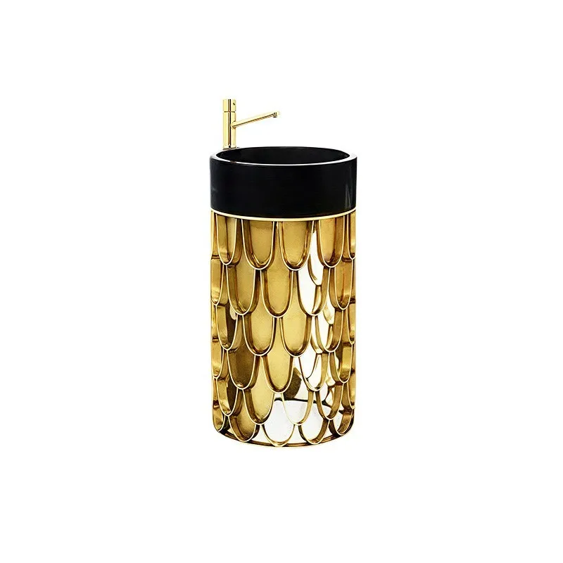 Light luxury marble column basin, floor-to-ceiling luxury household high-end stainless steel fish scale washbasin