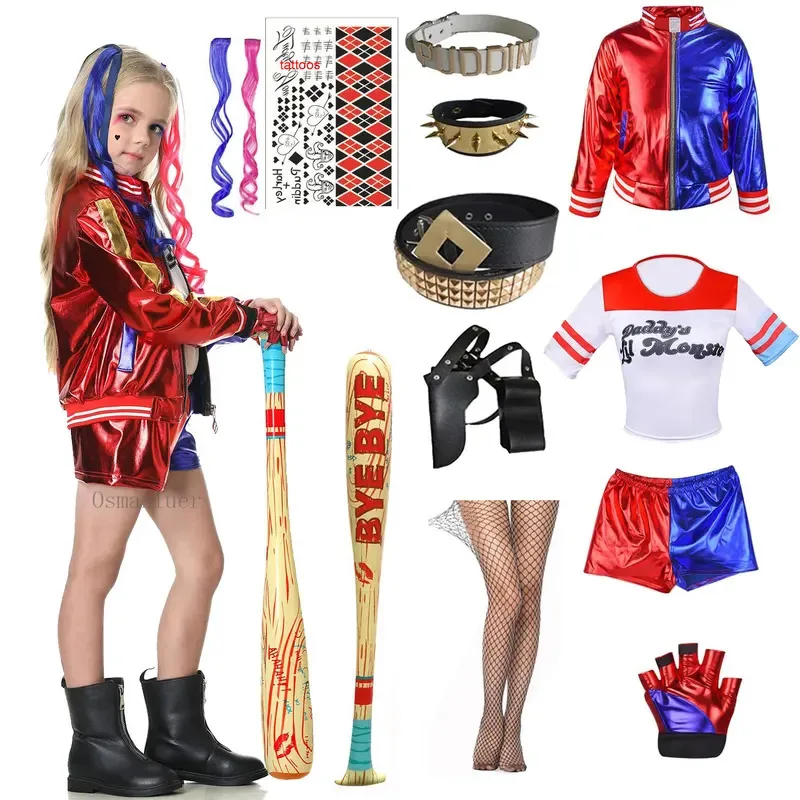 

Girls Suicide Quinn Cosplay Costume Harley Stitched Jacket Shorts Shirt Glove Accessories Kids Squad Purim Halloween Costume