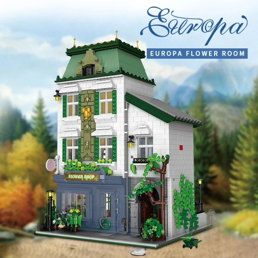 MOC Modern Grocery Store Flower House Building Blocks Set European Shop Villa Architecture Toys Children Birthday Holiday Gifts