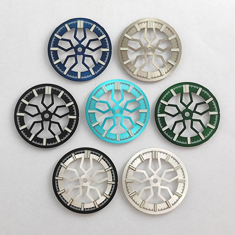 

Циферблат NH35, 28,5 мм, зеленый светящийся полый циферблат-скелетон, подходит для аксессуаров для часов с механизмом NH35/NH38/NH70