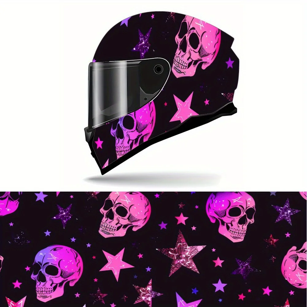 

Neon Pink Skull and Stars PVC Motorcycle Helmet Vinyl Wrap, Self-Adhesive Waterproof Sticker, Anti-Scratch Decorative Film for F
