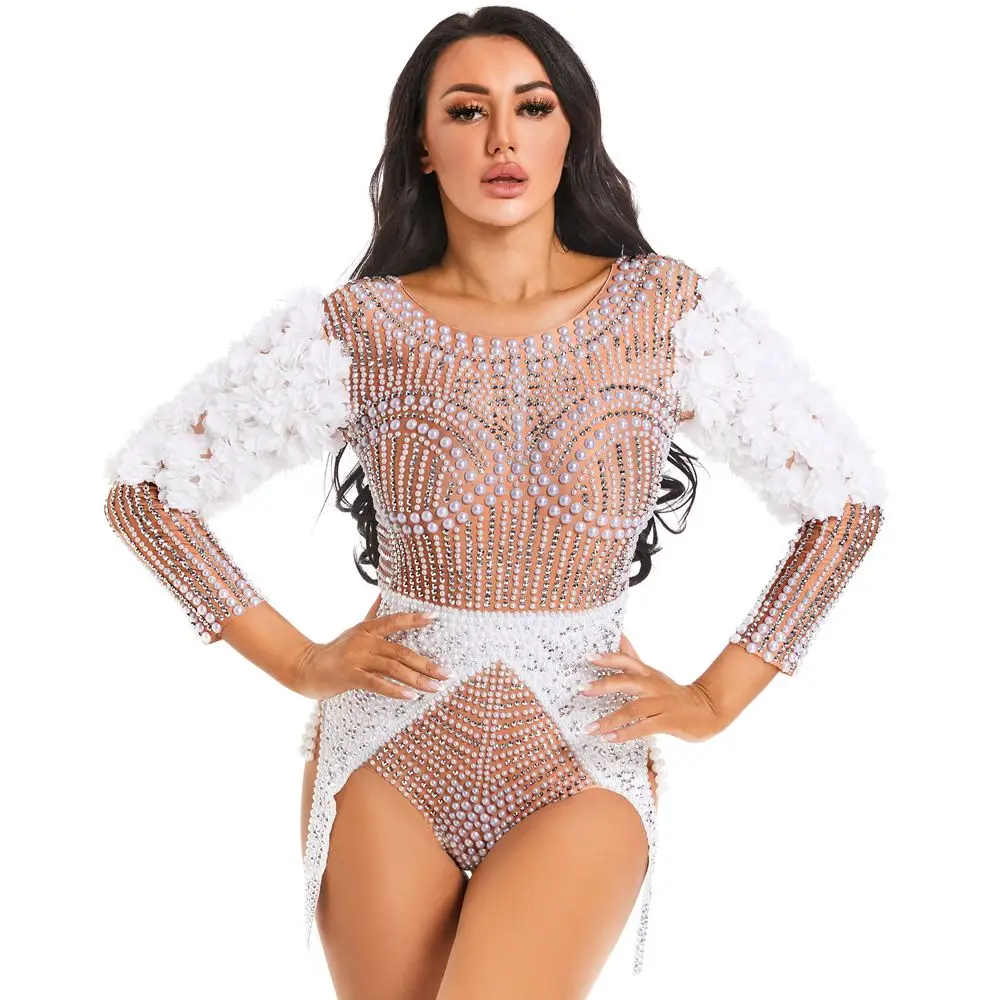 Pearls Party Club Outfit Rhinestones Flowers Sleeves Bodysuit Women Sexy Singer Dancer Performance Costume Stage Wear