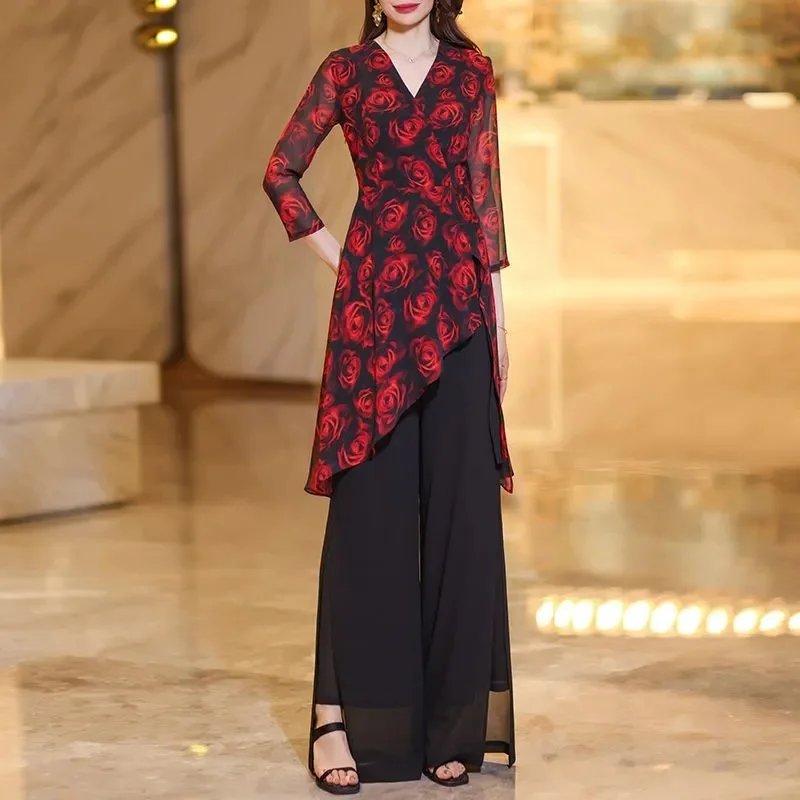 Elegant Women Summer Chiffon Two Piece Set Casual Wide Leg Pants Youthful Age Reducing High End Feel Outfit