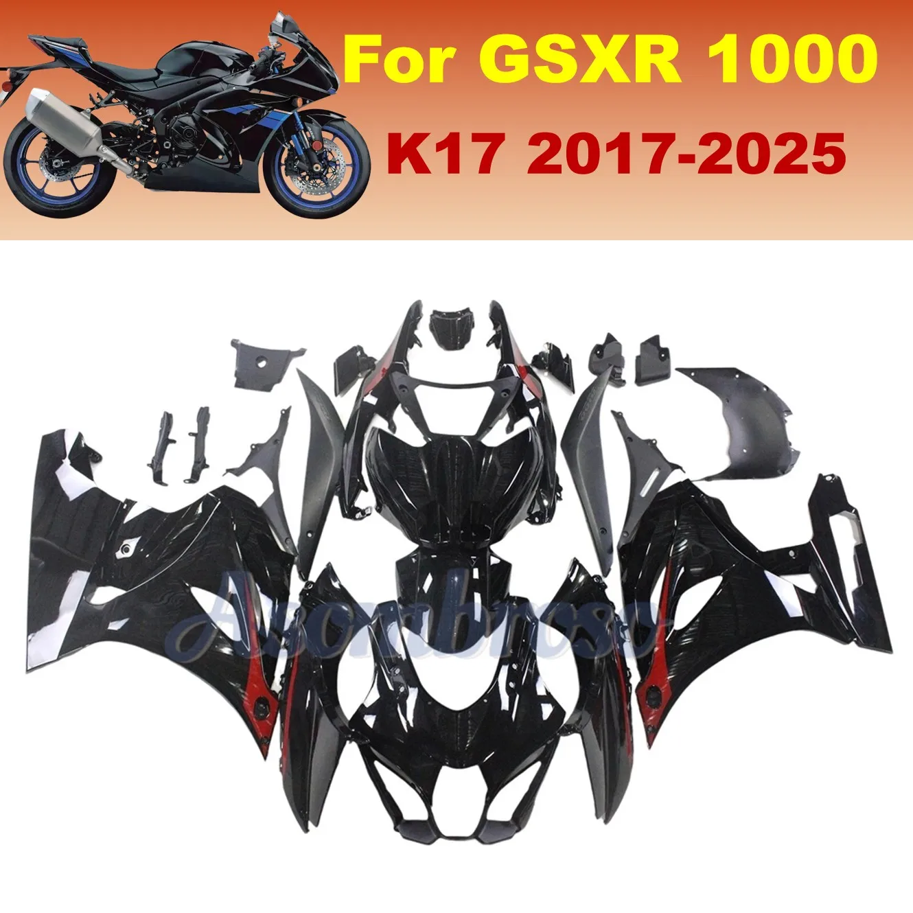 Motorradverkleidungs-Kits für GSX-R1000 2017-2025 GSXR1000 2018 2019 2020 2021 2022 2023 2024 GSXR 1000 Glänzend schwarzes Verkleidungsset