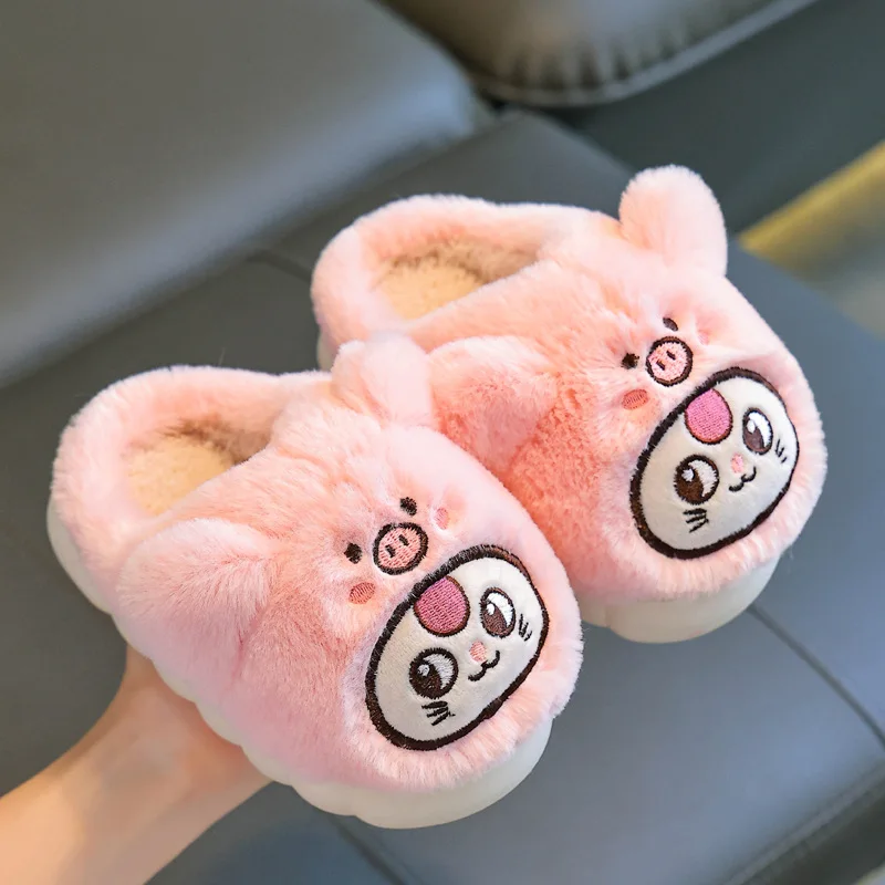 Winter Children's Cotton Shoes 2025 Cute Rabbits Warm Plush Girls Boys Slippers Faux Fur Anti Slip Flat Home Woman Slippers