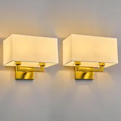 Set di due applique da parete dorate con lampada da parete moderna a LED a 2 luci da lettura sul comodino con paralume in tessuto bianco Lampada da parete in ottone retrò