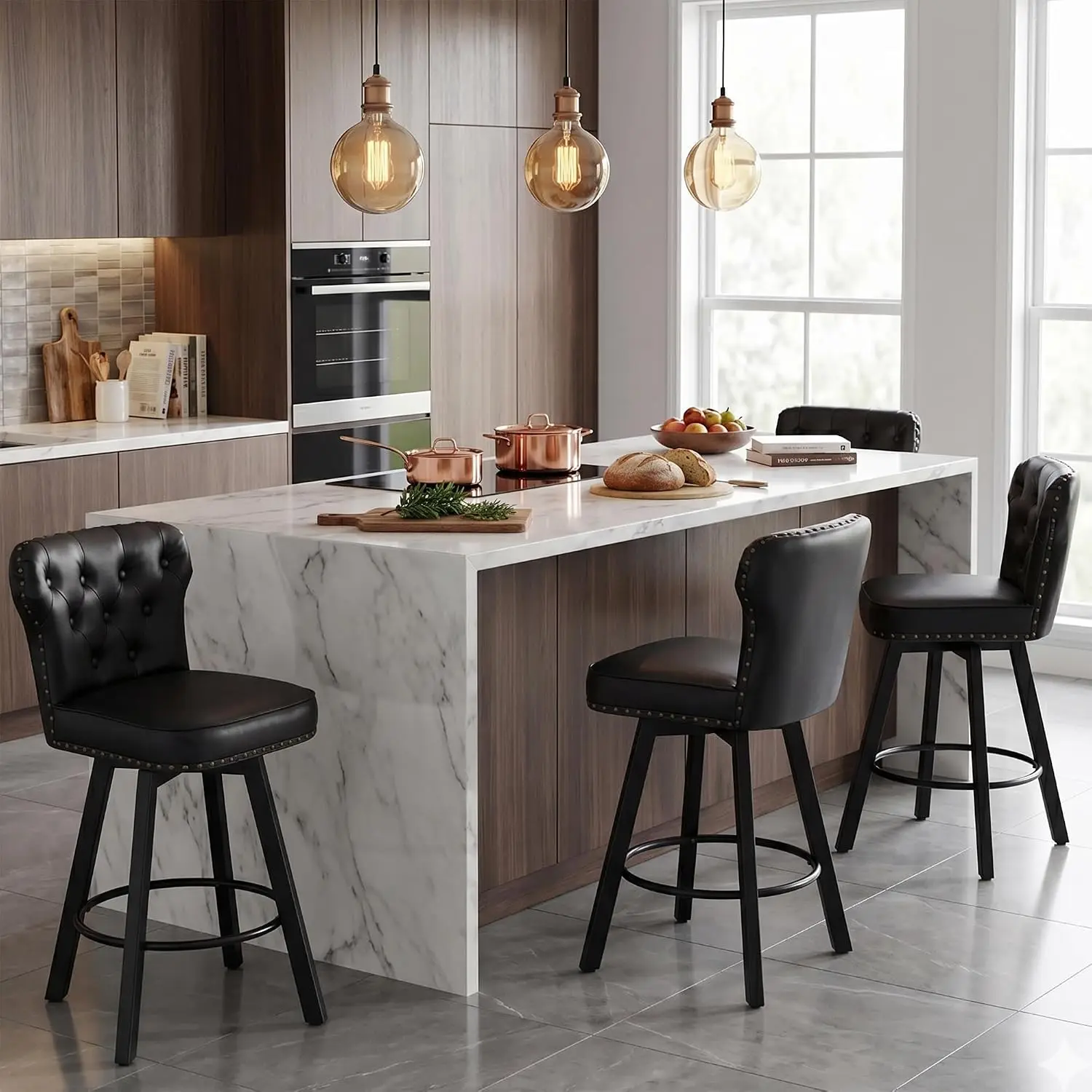Retro Swivel Bar Stool Set of 4 with Adjustable Metal Base, Armless PU Leather High Back Thick Seat for Kitchen Counter, Customi
