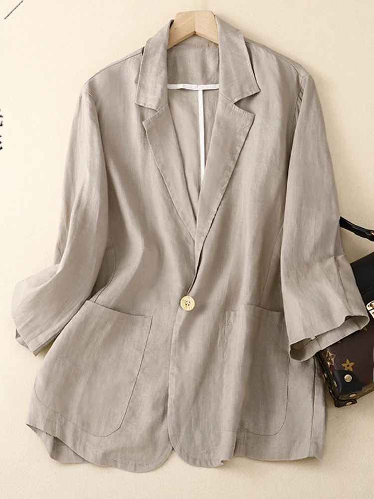 Setelan Linen Katun Longgar Model Jaet Wanita Warna Seven Sve Atasan Kerja Kancing Plaet Mantel Panjang Regular