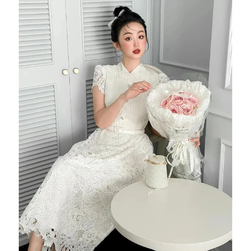 JAMERARY Fashion Flower Embroidery White Lace Evening Dress Women Summer Short Sleeve Midi Long Party Prom Dresses Lady