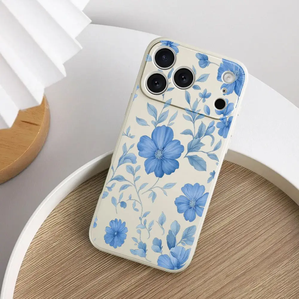 Чехол из ТПУ с синим цветком и зеленым фоном для iPhone 17 ProMax 17 Air 16 15 14 13 12 11 Pro Max XS Max7 8 Plus 16e 16 Plus
