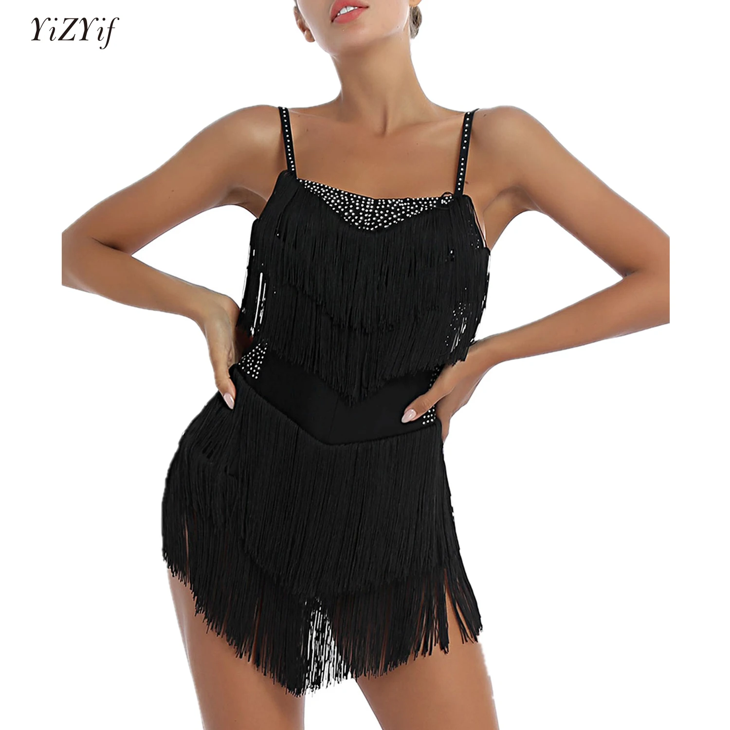 

Women Rhinestone Tassel Latin Dance Dress Dancer Singer Entertainer Performance Costume Ballet Backless Fringed Leotard Dresses