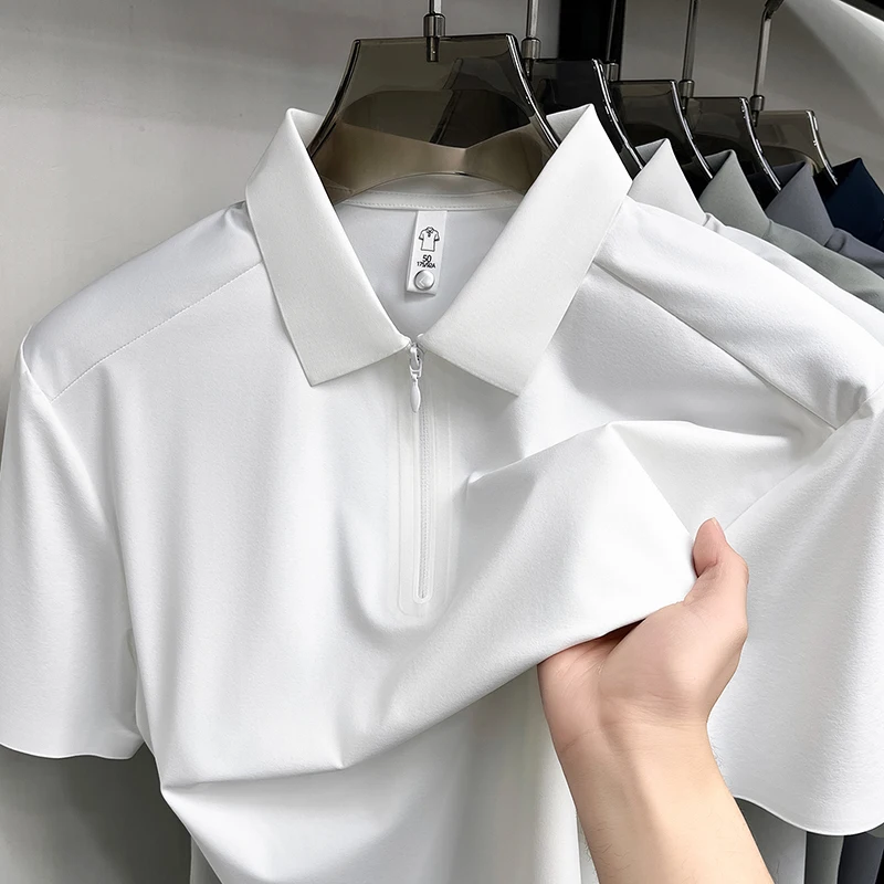 Fashion solid color half zipper short sleeve polo shirt summer high-end ice silk breathable casual T-shirt new men's clothing
