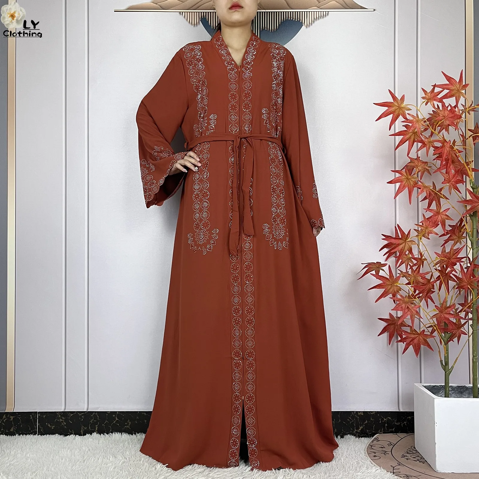 2024New Muslim Women Ramadan Tranditional Long Sleeve Dress Dubai Women Elegant Dress Chiffon Open Abaya African Islamic Clothes