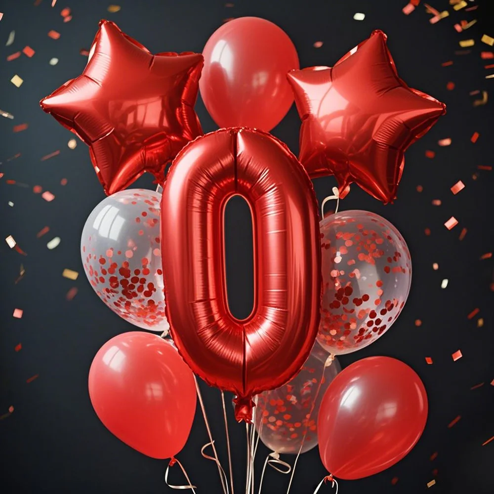 9pcs Number 0-9 Birthday Party Red Balloon Decoration Set Aluminum Foil Balloons Digital Balloon Red Paper Scraps Ballon