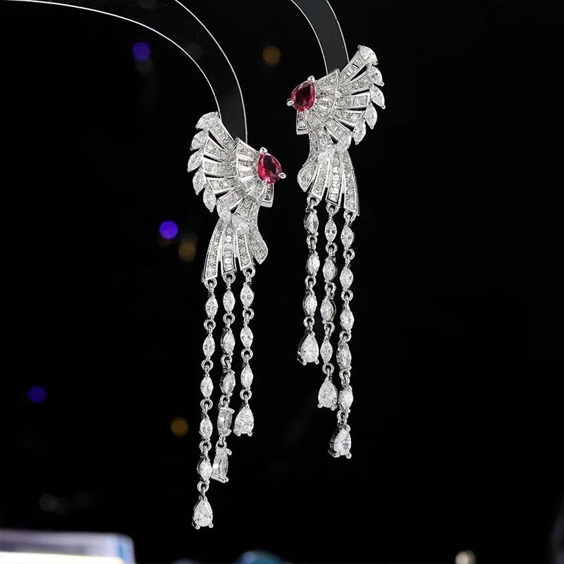 

Micro-inlaid zircon earrings, autumn and winter accessories, Chinese fan-shaped tassels, banquet dress earrings for women