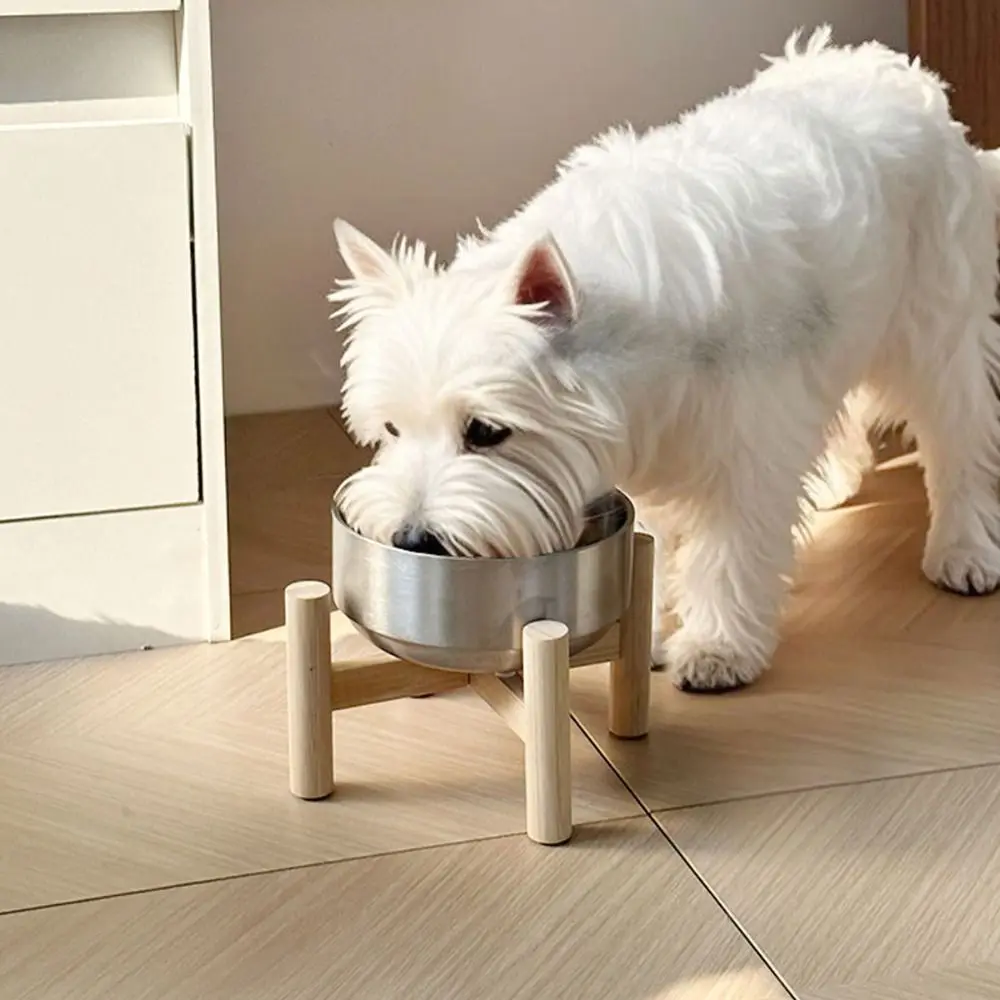 

Wooden Stand Stainless Steel Dog Bowl Tilt-proof Rust-proof Cat Food Bowl Thickened Elevated Pet Feeder for Puppy Dog Cats