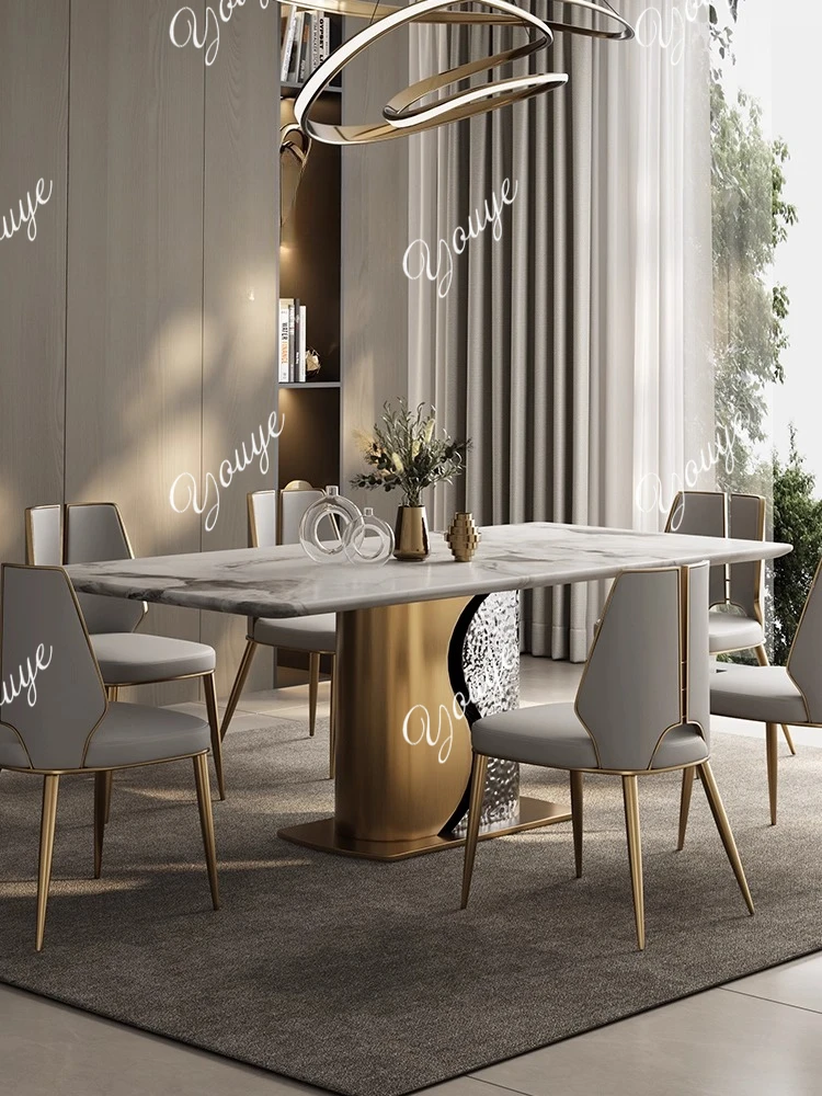 

Light luxury rectangular marble dining table and chair combination natural luxury stone dining table home negotiation