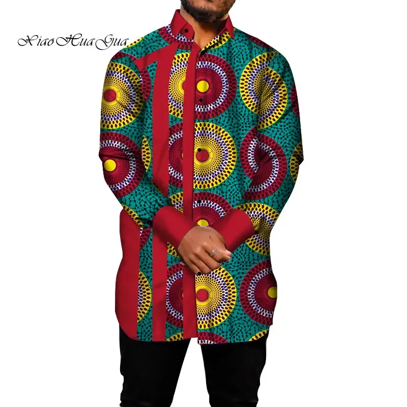 Men African Ankara Wax Print Long Sleeve Shirts Lapel Collar Patchwork Color Block Button Down Tops Ethnic Dashiki Casual Shirt