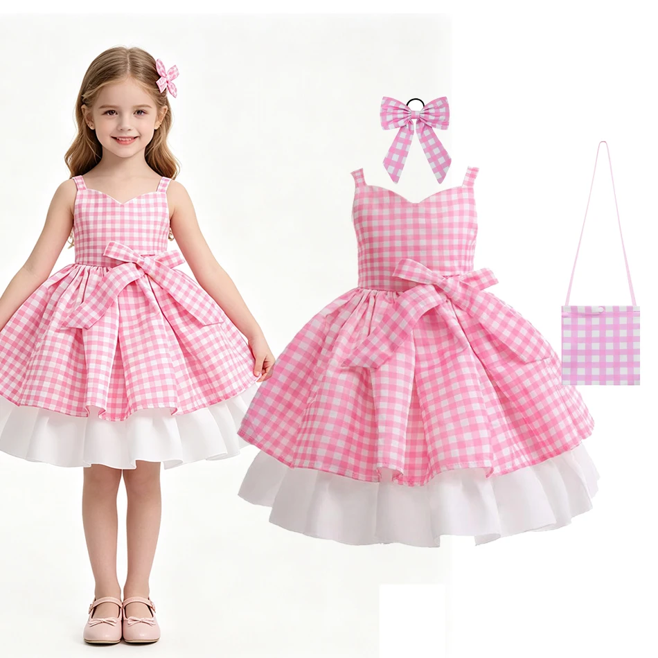 Girls Pink Plaid Cami Dress Sweetheart Neck Big Bow Decor Double Layer Hem Swing Dress Birthday Holiday Photoshoot Outfit