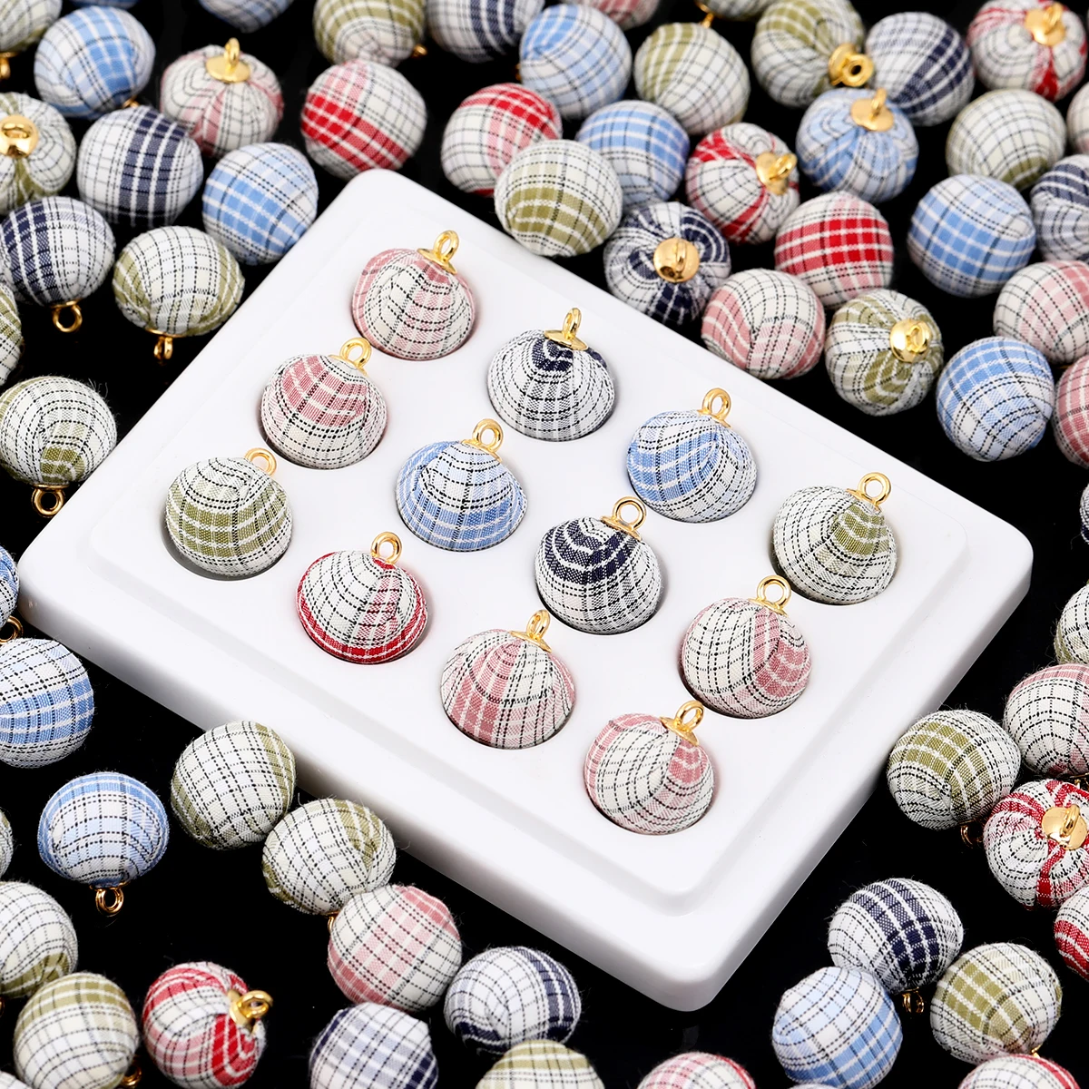 15pcs/30pcs Random Color 1.4cm Polyester Plaid Ball Charms for DIY Earrings Bracelets Handmade Jewelry Supplies