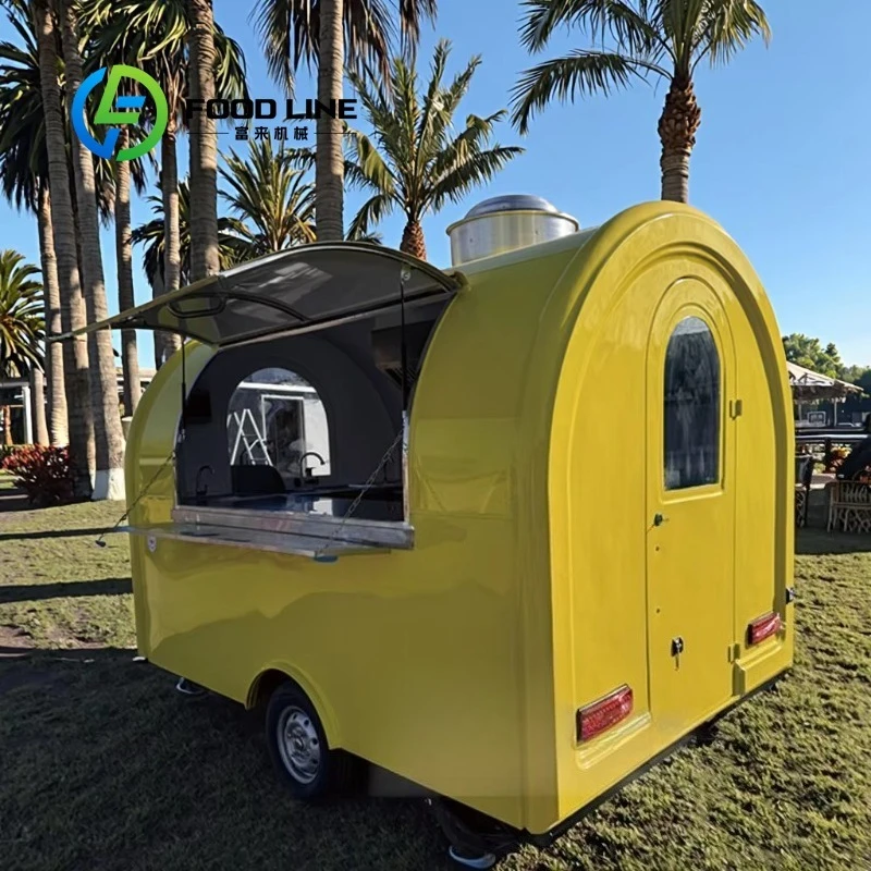 Towable Yellow Fiberglass Fast Food Cart Fully Equipped Mobile Kitchen Outdoor Bakery Trailer for Sale Customized