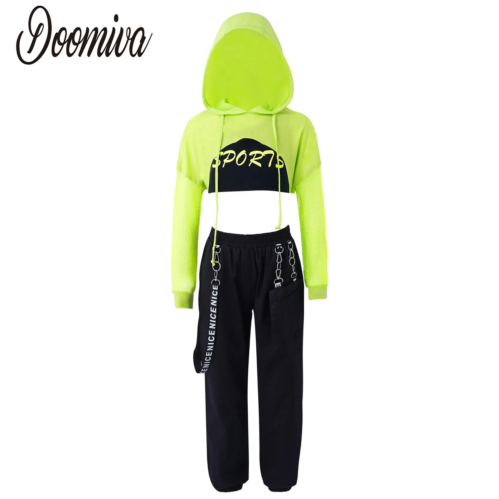 

Teens Girls Hip Hop Dance Costume Sports Outfit Hooded Net Cover Up Crop Tops Vest And Pants Suit Modern Street Dance Costumes