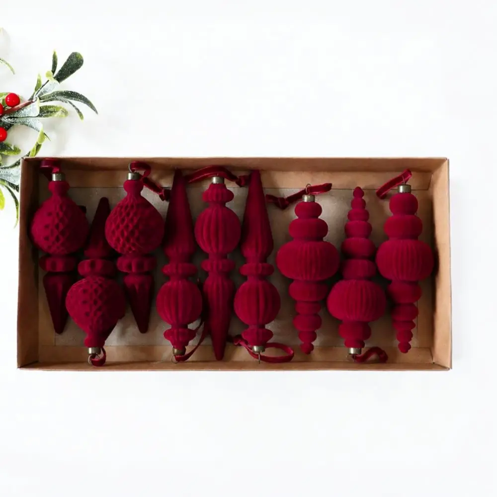 Christmas Tree Pendant Flocked Velvet Lantern Cone Decor Festive Plastic Hanging Ornaments For New Year Party Supplies