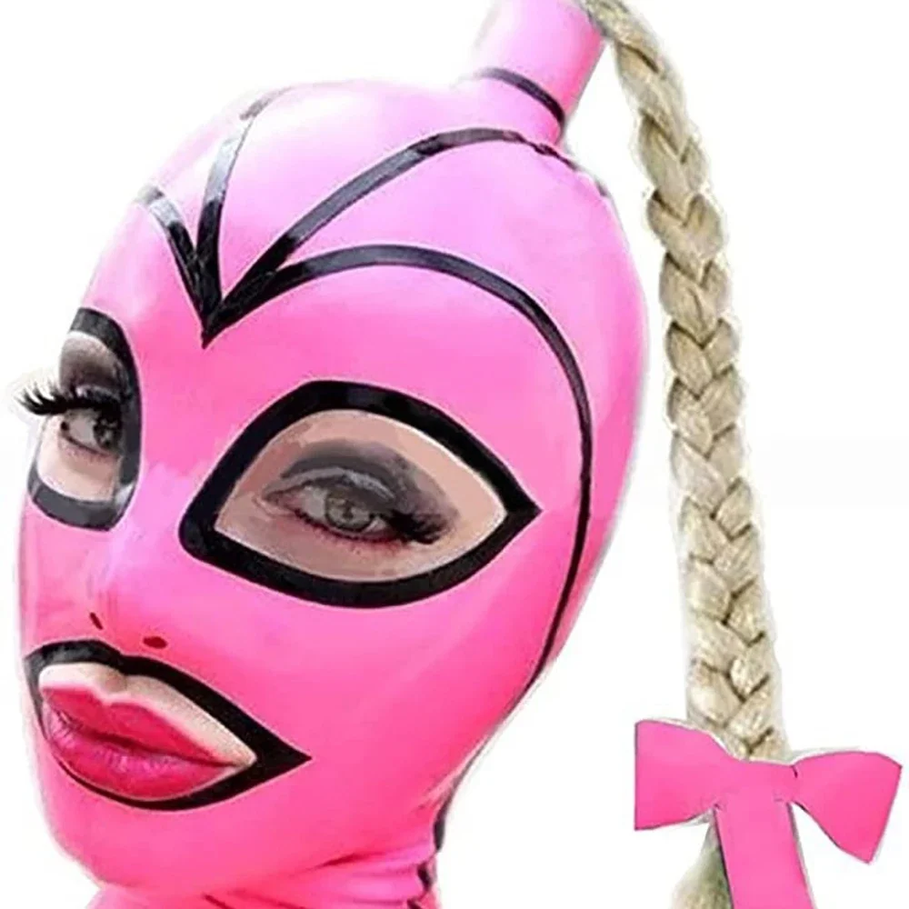 

Sexy Pink Black Stripe Rubber Hood Latex Mask with Twist Braid Wig Back Zipper Fetish Club Ball Cosplay Halloween