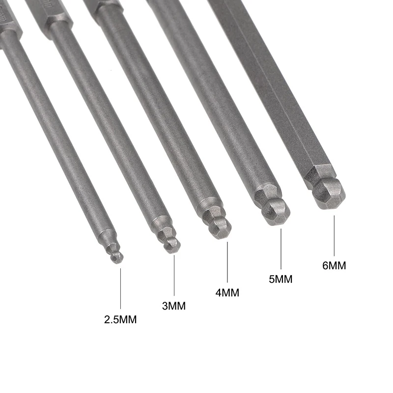 5 pces 100mm comprimento bola final hex chave de fenda bits conjunto 1/4 Polegada hex haste magnética 2.5-6mm cabeça parafuso driver bit ferramenta de mão elétrica