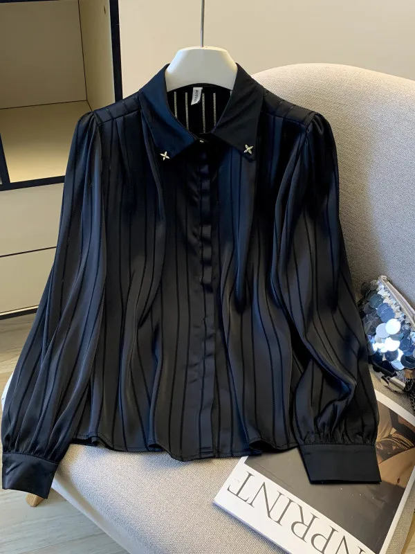 

Korean Commuter Sle Long Sve Bla And White Striped Chiffon irt Women's Early Spring 2026 Iron-Free High-End Feeling Top