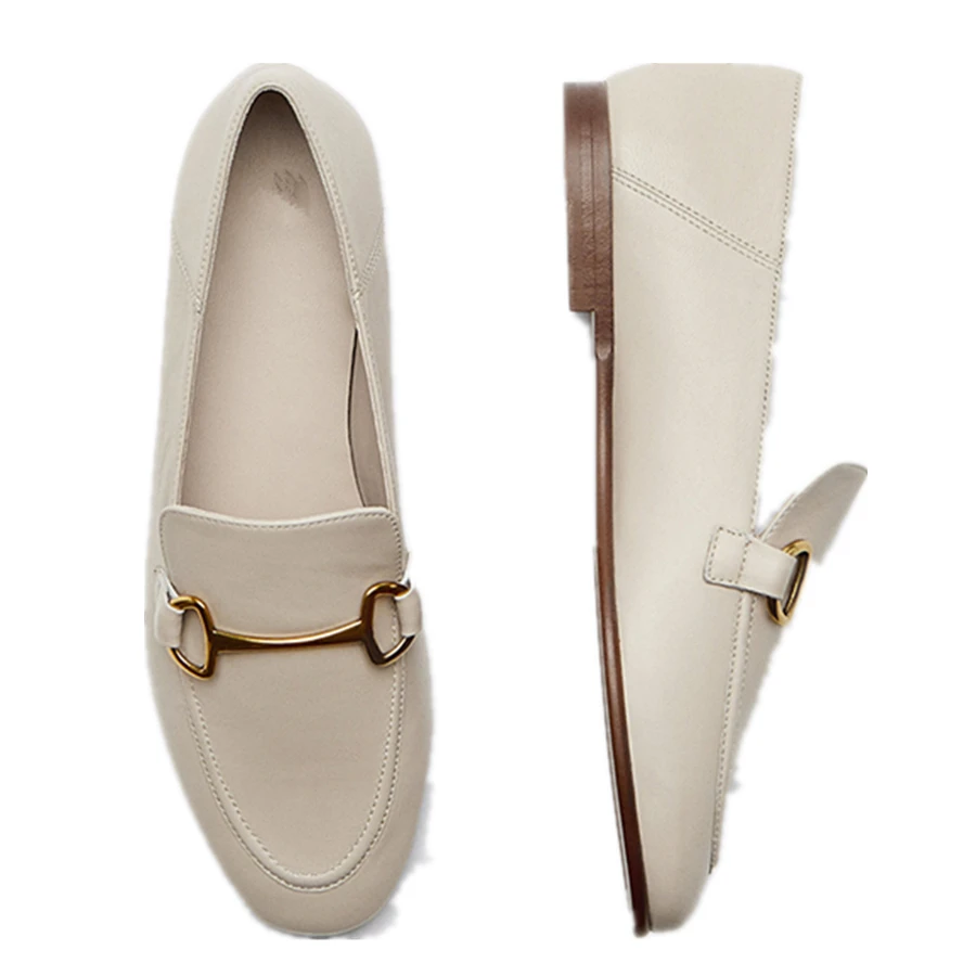 Dave&Di French Elegant Office Lady Fashion Simple Soft Shoes Women Genuine Leather Gold Buckle Flat Shoes Slip-On Loafers Shoes