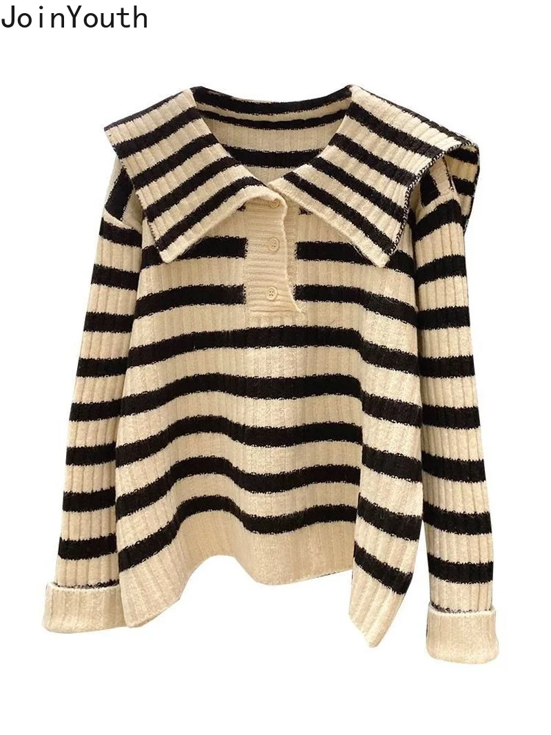 Preppy Style Women Sweater Sweet Peter Pan Collar Oversized Tops Fashion Jumper Knitwear Striped Casual Pullovers Sueter Mujer