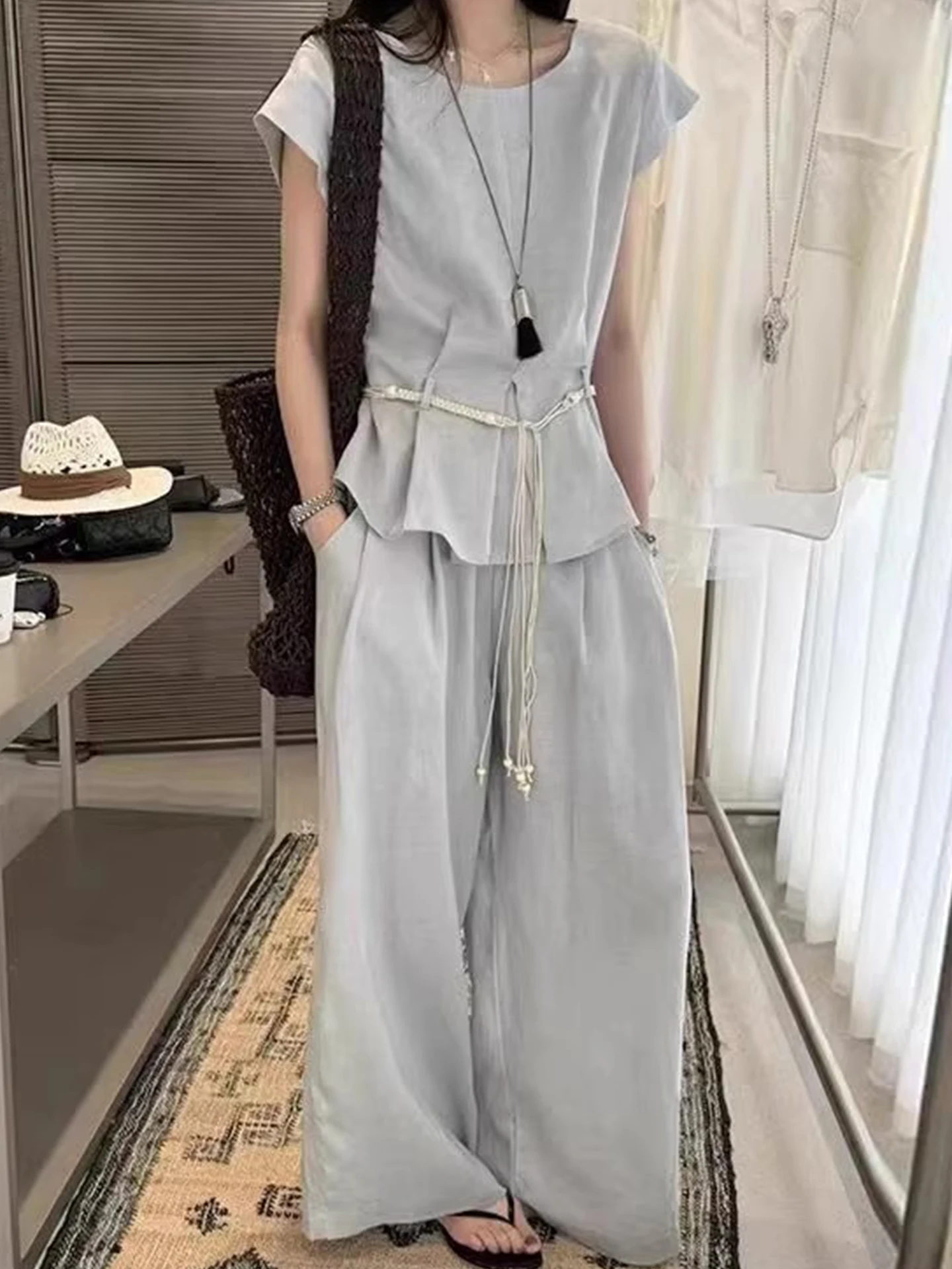 

Fashionable Linen Sleeveless Shirt And Wide Leg Pants Women's Summer New Style High Waist Two-Piece Set Elegant Commute Style
