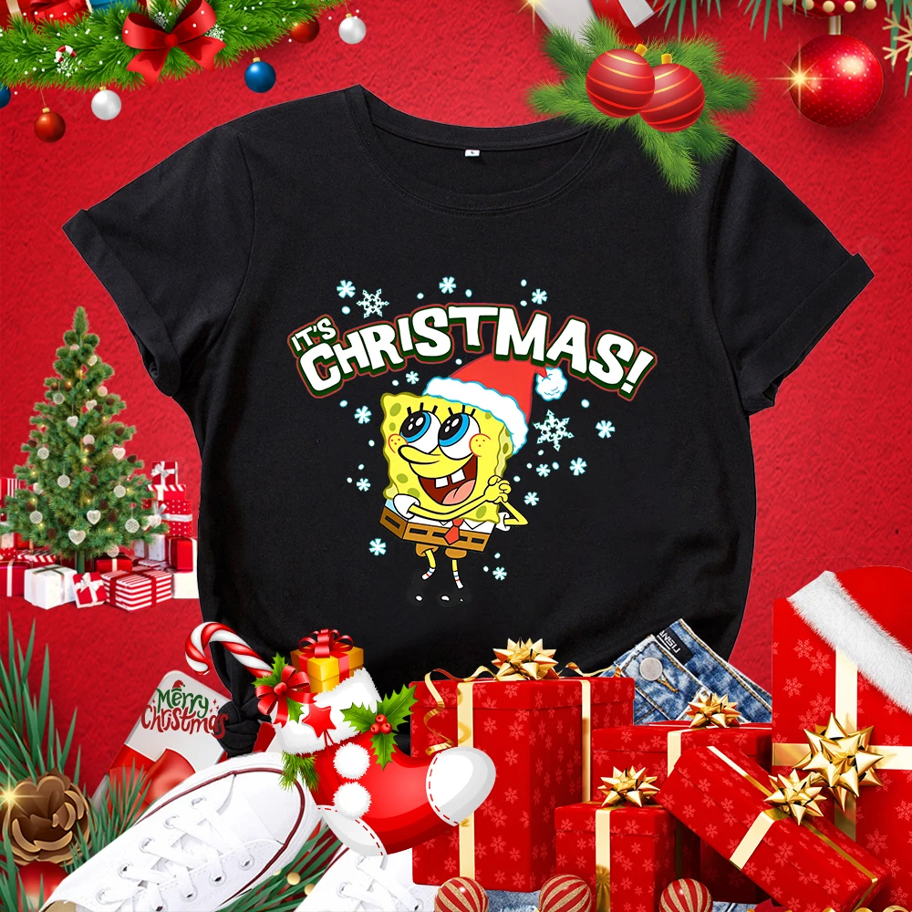 

MINISO SpongeBob SquarePants It's Christmas Snowflakes Женская футболка из хлопка с короткими рукавами, свободный топ