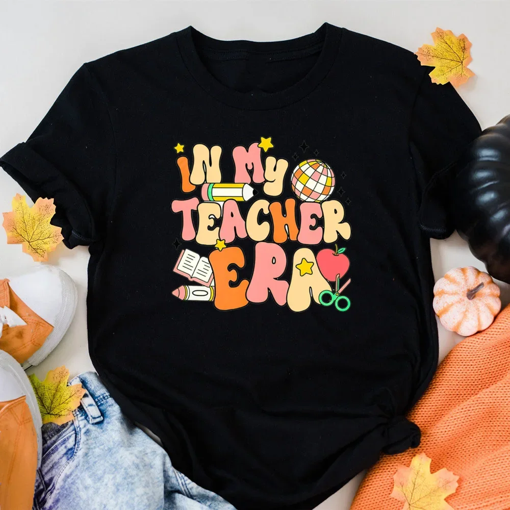 Casual Girls Tees Top in My Teacher Era&pencil Pattern Print T-shirt Short Sleeve Crew Neck Top Teacher's Day Best Gift Vintage