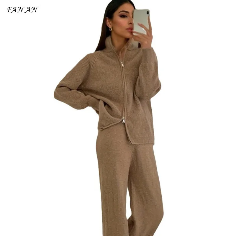 New Women\'s Autumn Winter Thick Fashion Simple Knitted Suit Women\'s Zipper Lapel Sweater Cardigan Wide Leg Pants Two-piece Set