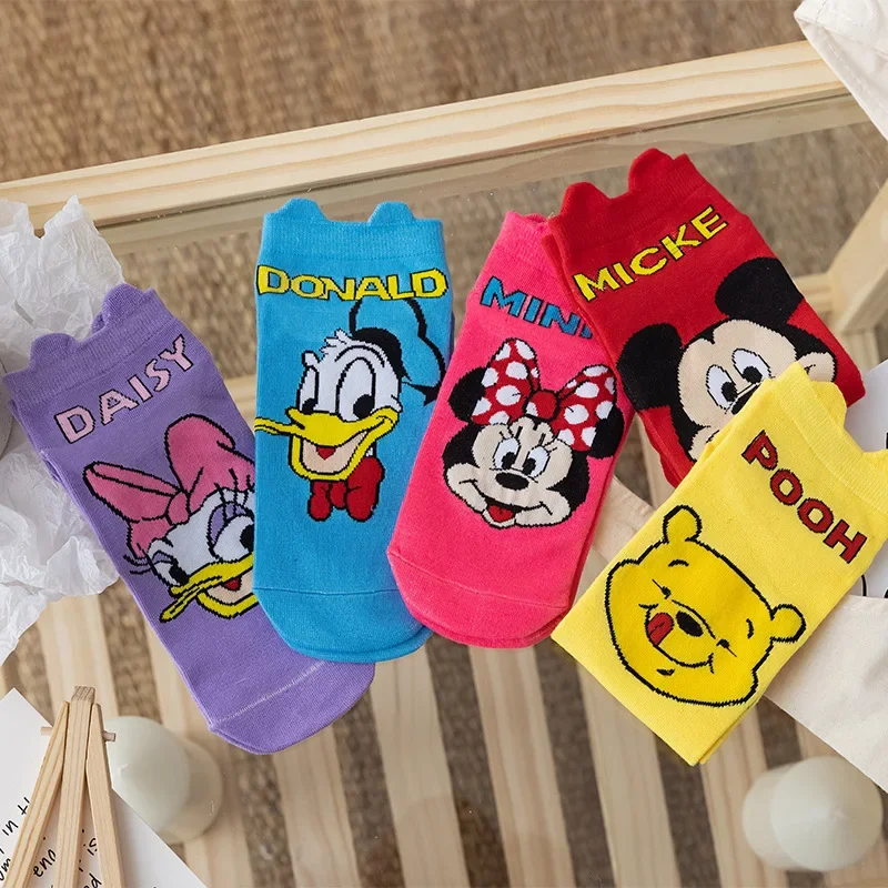 5 pairs of Disney socks Cartoon Mickey Mouse spring and summer thin socks 3D ears Women\'s socks Cotton women\'s boat socks