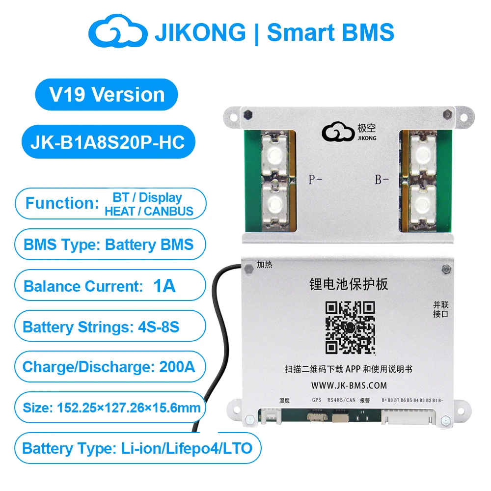 JKBMS(电子) JIKONG V19 JK BMS 4S-8S-24S Smart BMS BT APP RS485 CAN HEAT 0.4A-2A 12V-100V Aktives Balancing-BMS für Li-Ion, LiFePO4, LTO Batterien 4