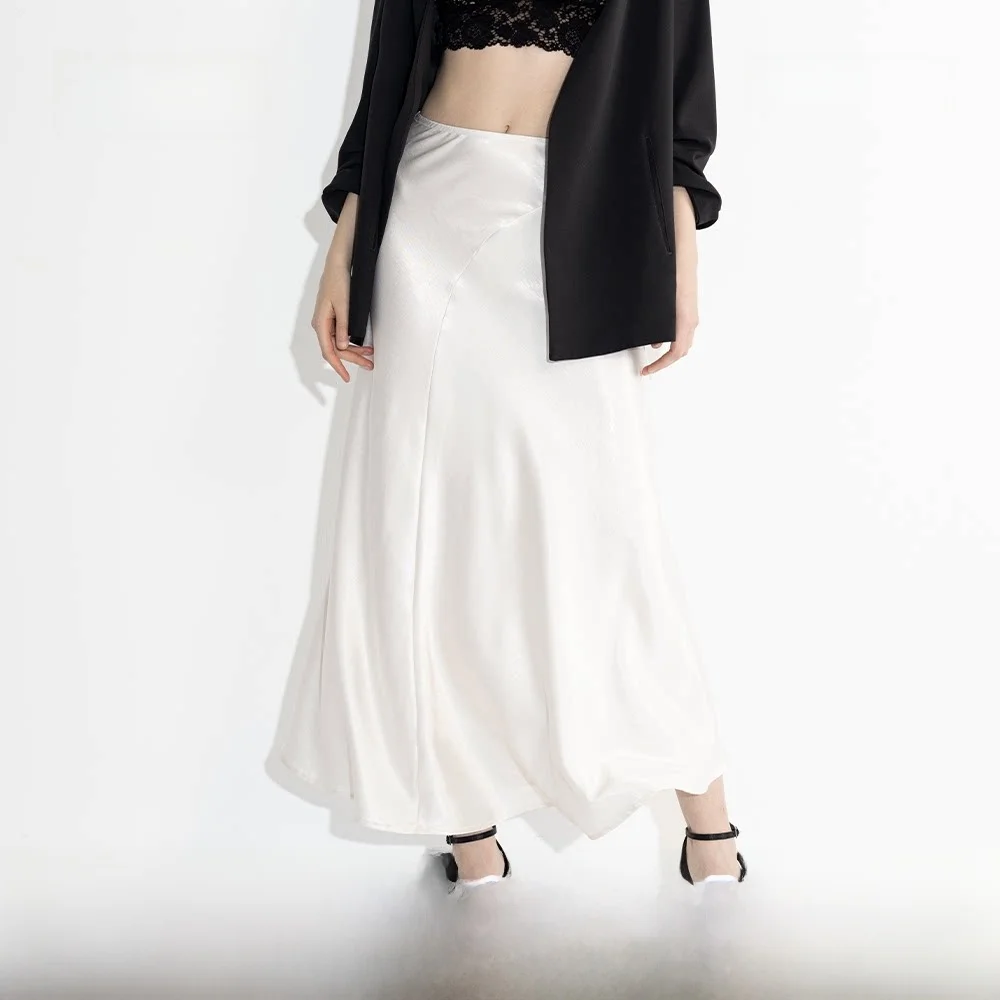 

High-End A-Line Midi Skirt Fi Tail Satin Women's Summer 2025 New Sle Simple Pure Color High Waist Polyester Fiber Casual
