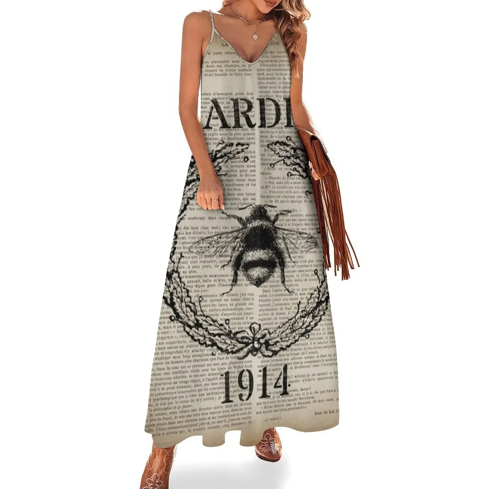 1980s dark academia newspaper print french country paris vintage bee Sleeveless Dress women clothing 2025 new arrivals clothes