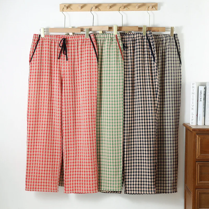 100% Cotton Yarn-Dyed Gauze Loungewear Pants. Ultra-Soft Breathable Plaid Pajama Bottoms with Elastic Waistband for All-Day