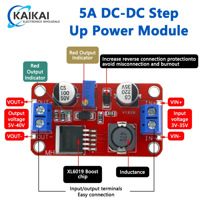 Módulo de potencia de aumento 5A DC-DC, convertidor de voltaje de 3,3 V-35V a 5V, 6V, 9V, 12V, 24V, regulador de salida ajustable XL6019