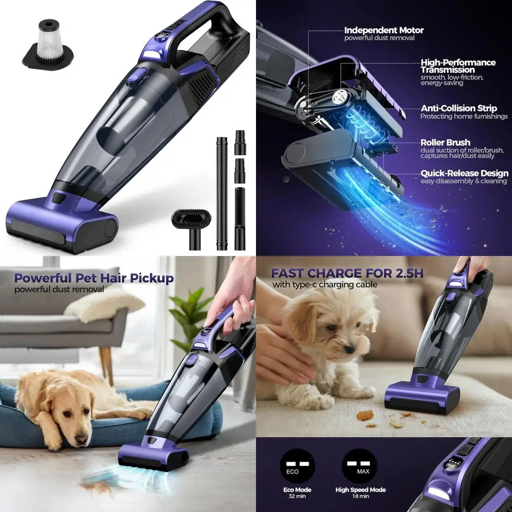 

Мощный беспроводной пылесос 20 000 PA с моторизованной щеткой, LED-подсветкой и моющимся фильтром для автомобилей, дома и удаления шерсти животных