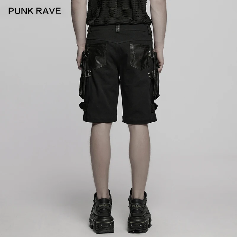 PUNK RAVE Men's Punk Twill Woven Wrinkled Faux Leather Shorts 3D Oversized Pockets Visual Impact Cool Casual Trousers