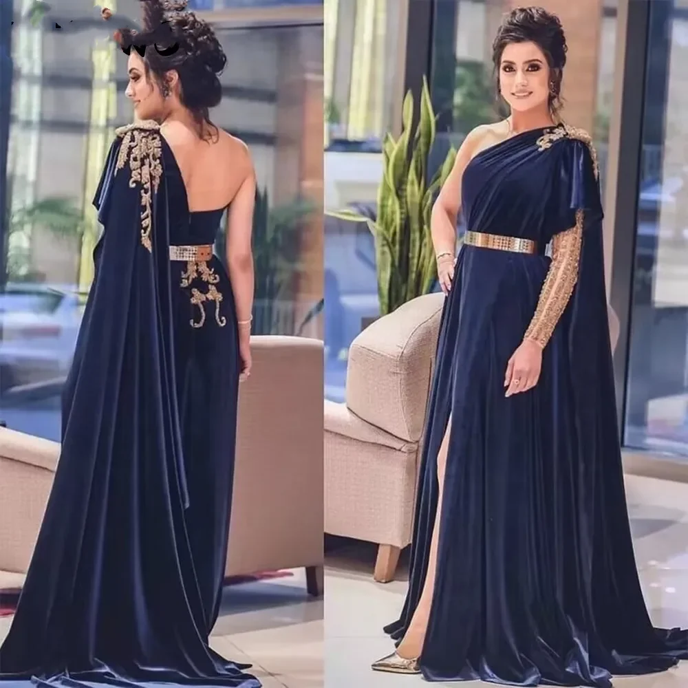 Vestido de baile de veludo árabe de um ombro, vestidos de manga comprida, fenda alta sexy, Dubai Prom Gowns, Novo, 2024