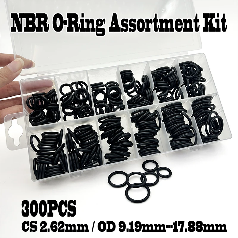 300Pcs Premium Black NBR O-Ring Assortment Nitrile Rubber Seal Ring Oil-Proof Wear-Resistant Sizes CS 2.62mm OD 9.19mm-17.88mm