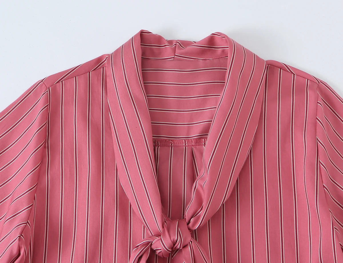 BSAY 2026 Damenbluse im französischen Stil, gestreift, eleganter Schal zum Binden am Hals, lange Laternenärmel, Knopfleiste vorne, lockeres Büro-Arbeitsshirt, Oberteil – Detail 9