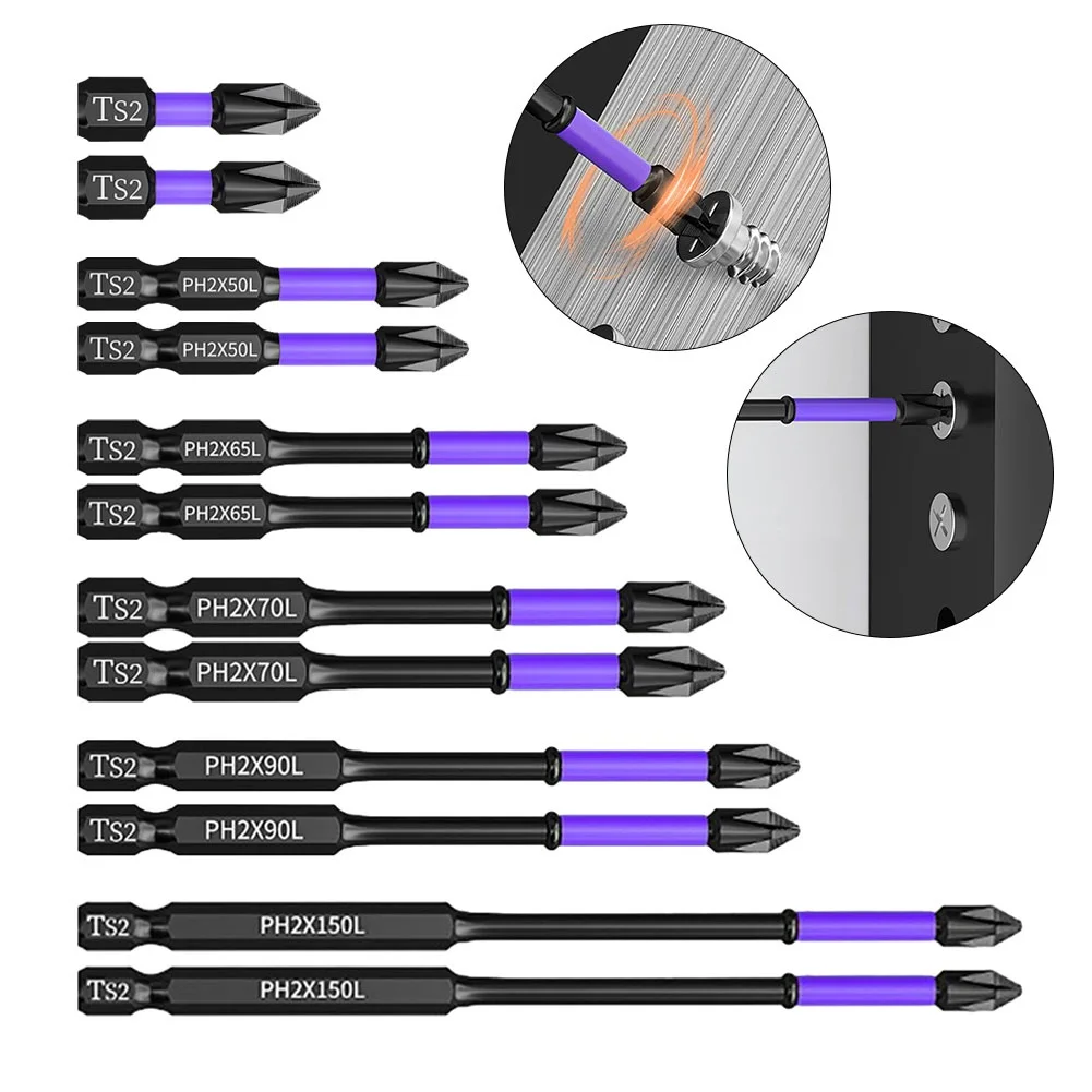 Non-slip PH2 Magnetic Screwdriver Bits 25-150mm Alloy Steel Impact-Resistant For Electric Hand Drill Hardened 62HRC Phosphated B