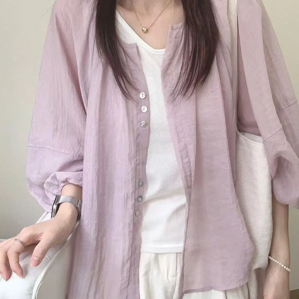 Stand Collar Shirt Crinkle Textured Fabric, Puff Three-Quarter Sleeves, Button Front Loose Fit Casual Cover Up Blouse
