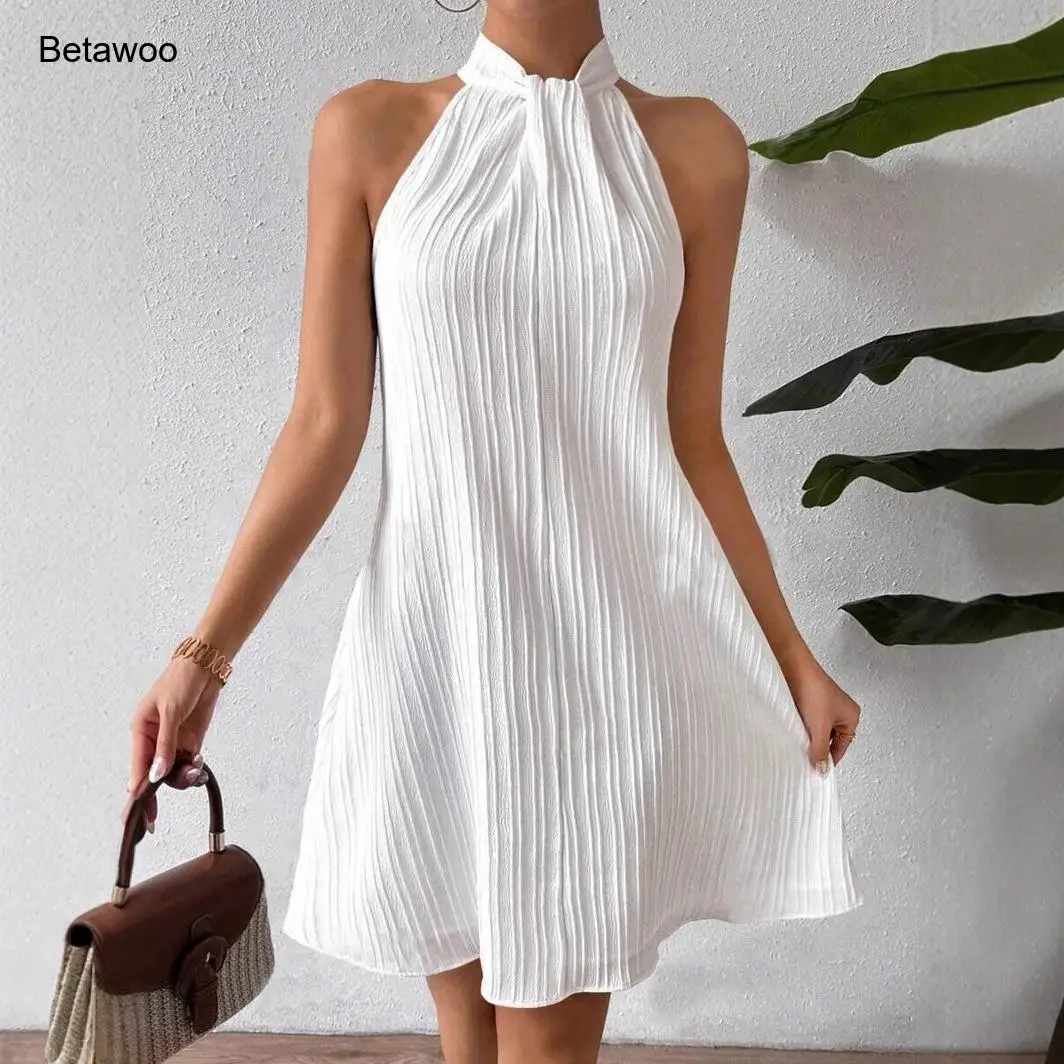 Weißes Damen-Minikleid mit Neckholder-Ausschnitt, ärmellos, A-Linie, Crinkle-Textur, lässige Sommer-Strandkleidung